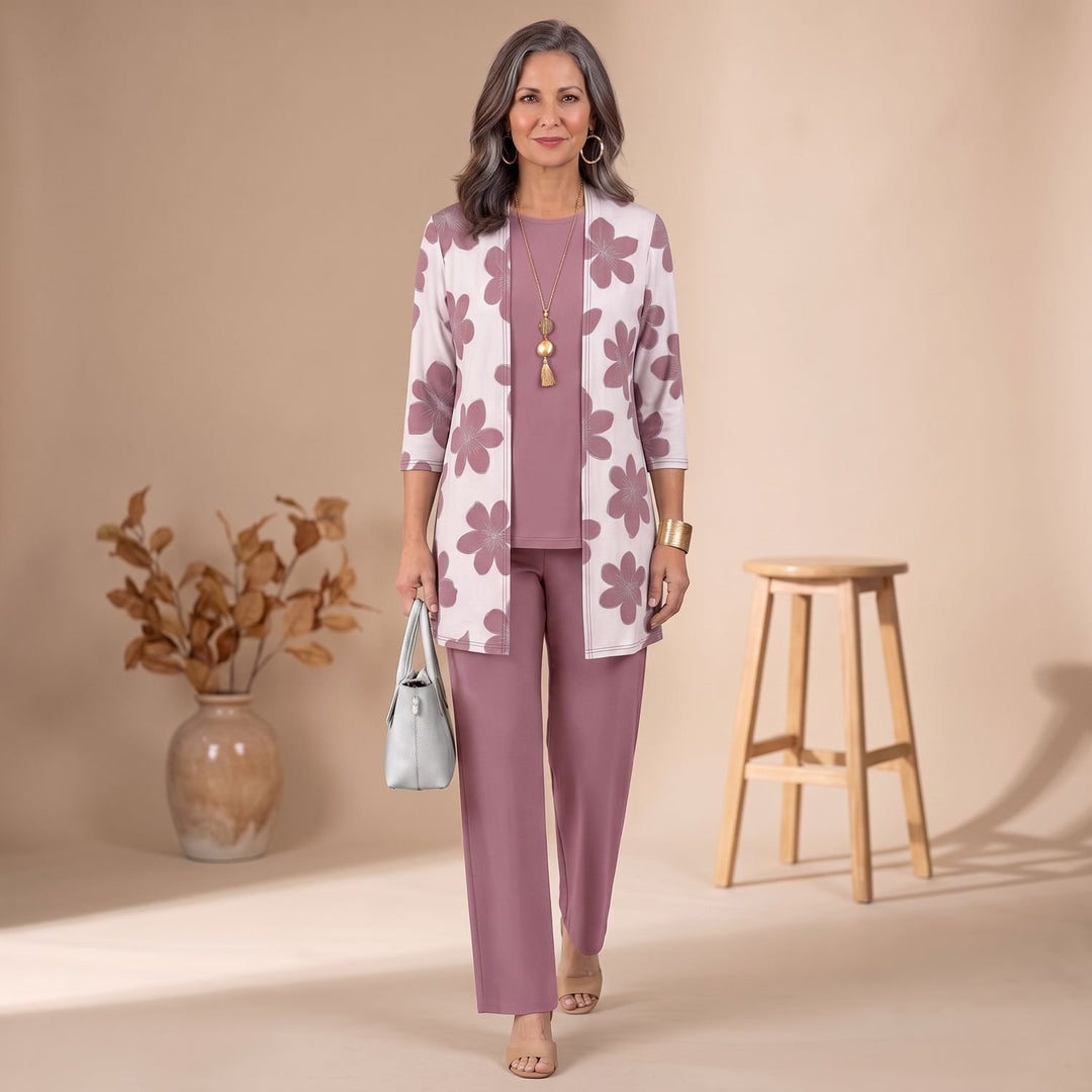 Women's 3-Piece Leaf-Print Open-Front Cardigan Suit Set - Dusky Pink