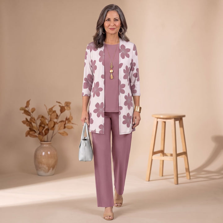 Women's 3-Piece Leaf-Print Open-Front Cardigan Suit Set - Dusky Pink