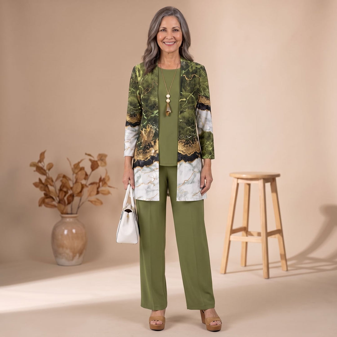 Women's 3-Piece Leaf-Print Open-Front Cardigan Suit Set - Olive Green