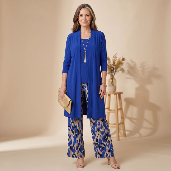 Women's 3-Piece Leaf-Print Open-Front Cardigan Suit Set - Blue