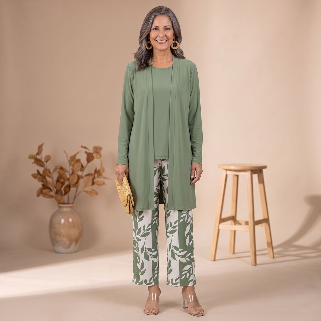 Women's 3-Piece Leaf-Print Open-Front Cardigan Suit Set - Green & White