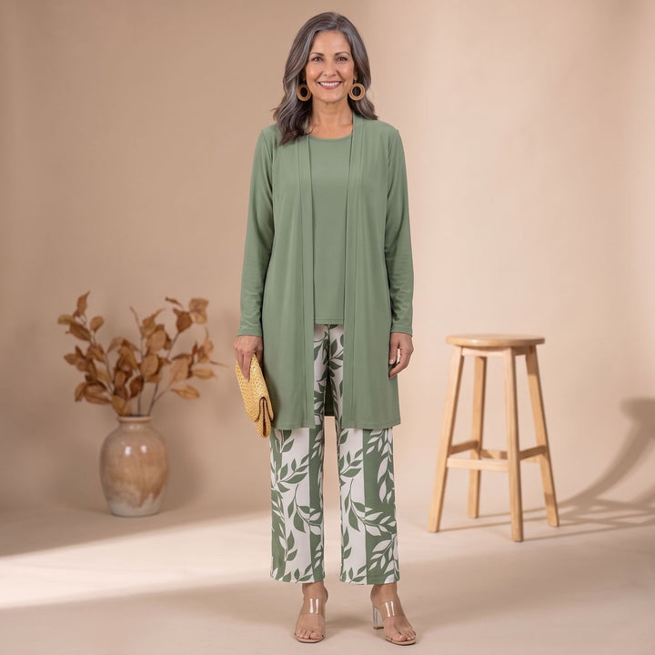 Women's 3-Piece Leaf-Print Open-Front Cardigan Suit Set - Green & White