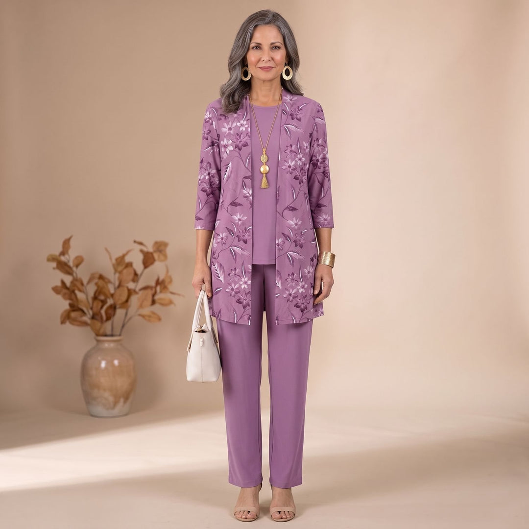 Women's 3-Piece Leaf-Print Open-Front Cardigan Suit Set - Purple