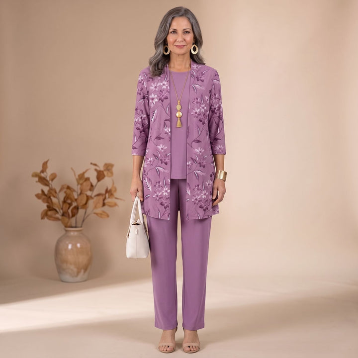 Women's 3-Piece Leaf-Print Open-Front Cardigan Suit Set - Purple