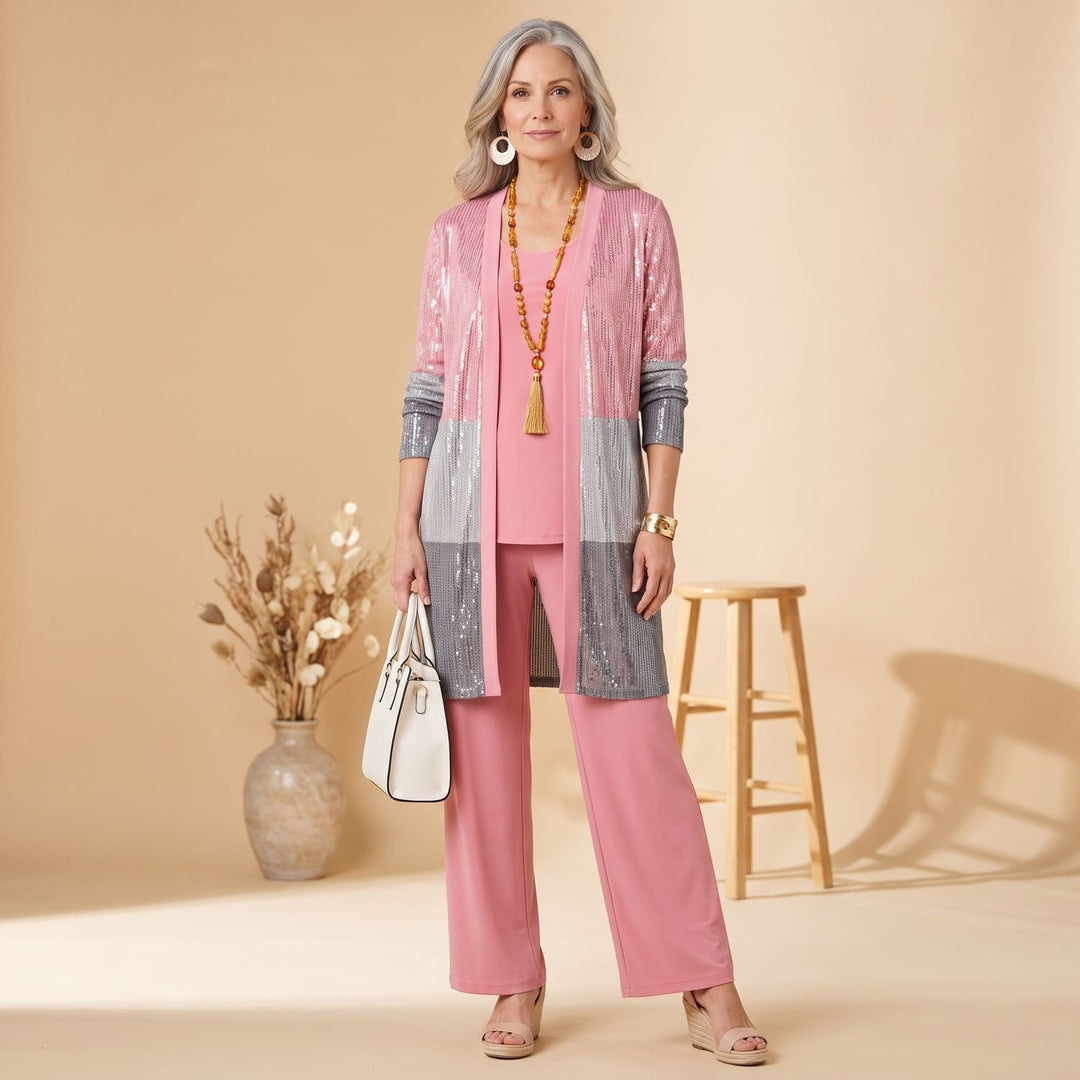 Women's 3-Piece Leaf-Print Open-Front Cardigan Suit Set - Pink