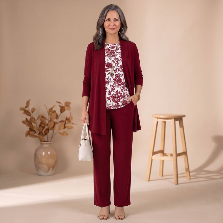 Women's 3-Piece Leaf-Print Open-Front Cardigan Suit Set - White & Red