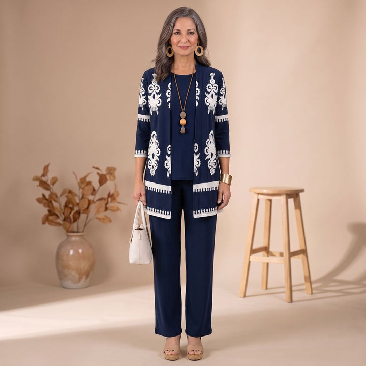 Women's 3-Piece Leaf-Print Open-Front Cardigan Suit Set - Navy Blue