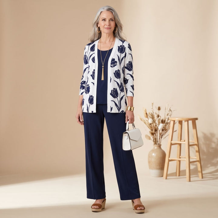 Women's 3-Piece Leaf-Print Open-Front Cardigan Suit Set - Blue & White