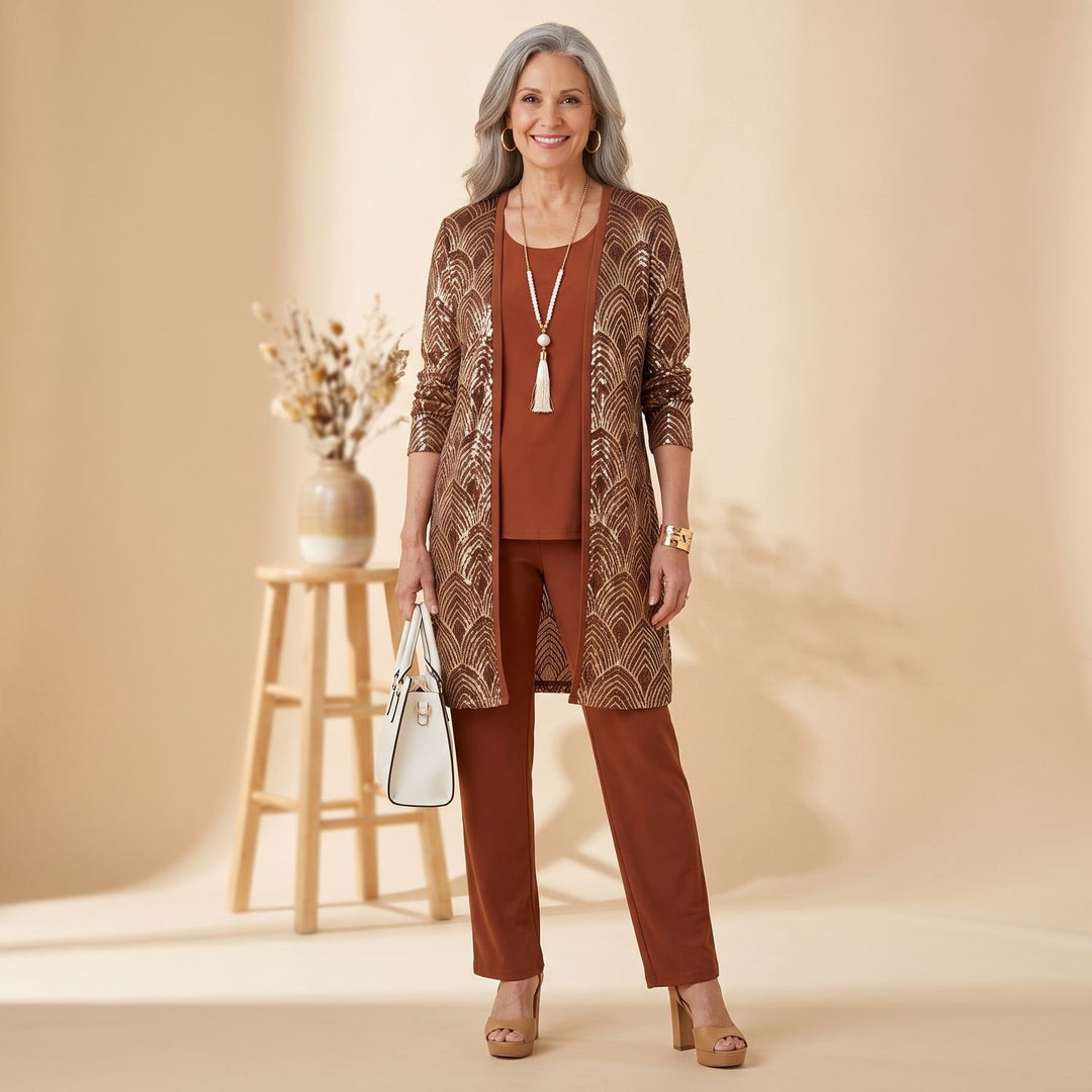 Women's 3-Piece Leaf-Print Open-Front Cardigan Suit Set - Rust Brown