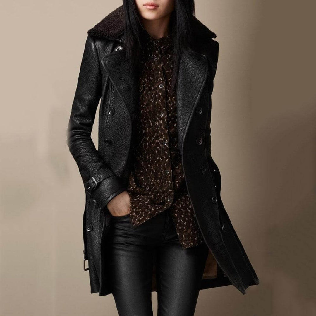 Women's 3/4 Length Double-Breasted Shearling-Collar Leather Jacket