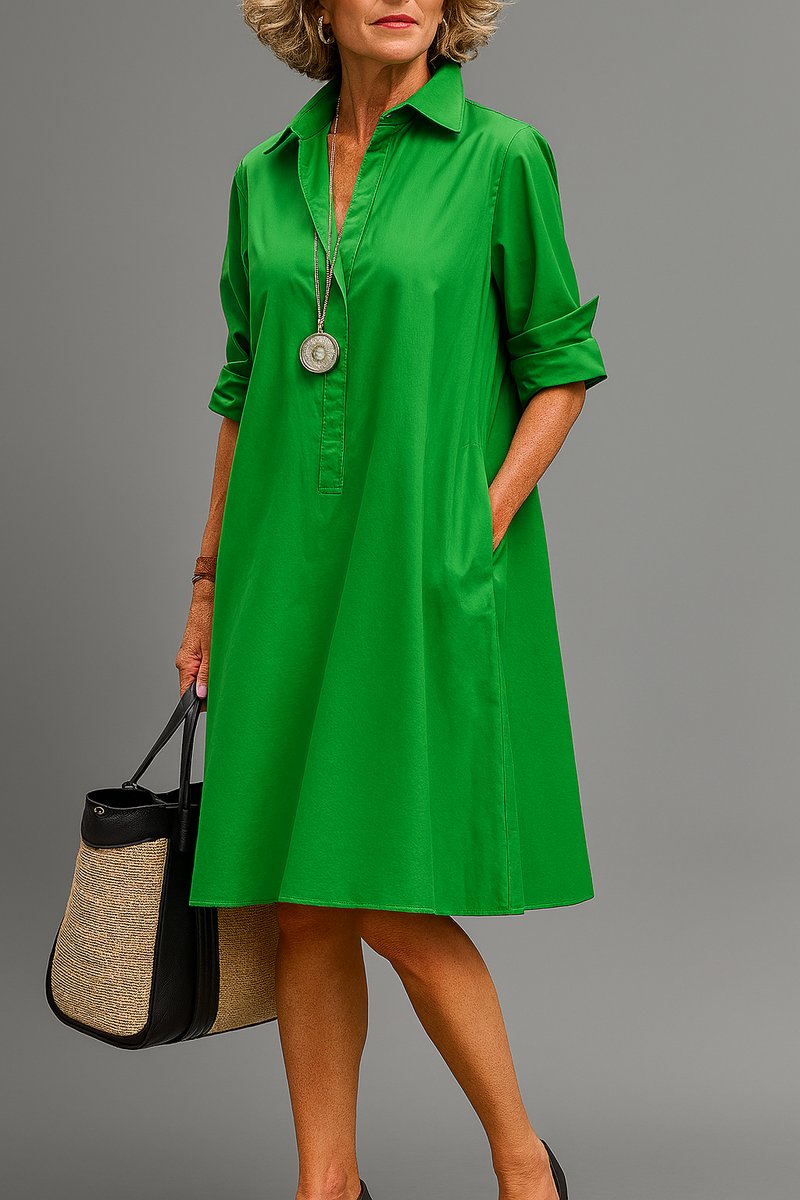 Women's A-Line Collared Midi Cocktail Dress Pockets - Green