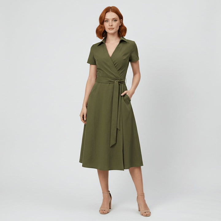 Women's A-Line Wrap-Style V-Neck Short-Sleeve Midi Dress - Olive Green