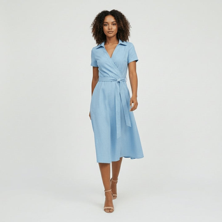 Women's A-Line Wrap-Style V-Neck Short-Sleeve Midi Dress