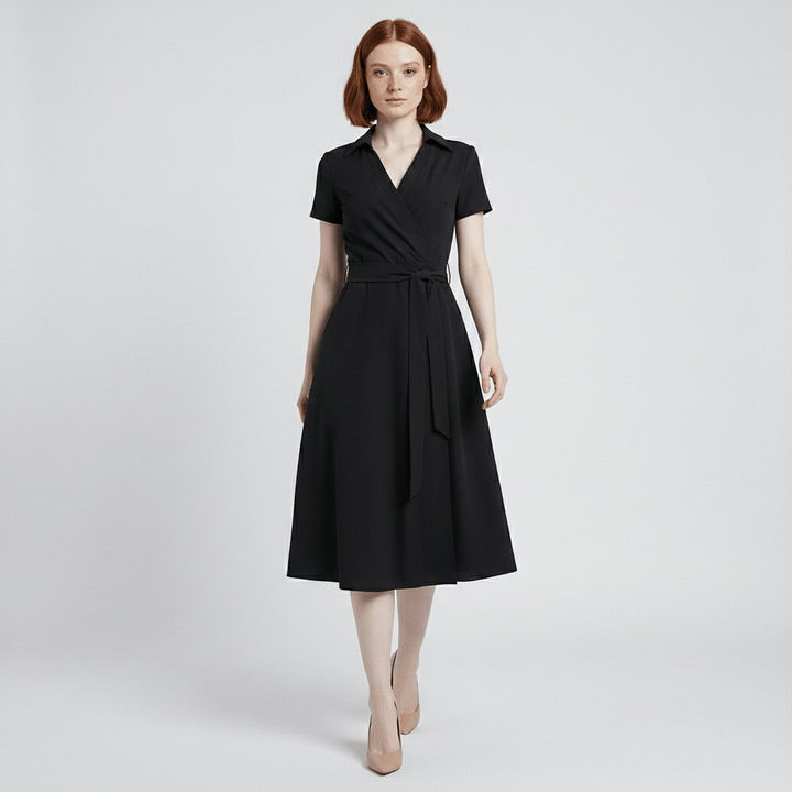 Women's A-Line Wrap-Style V-Neck Short-Sleeve Midi Dress