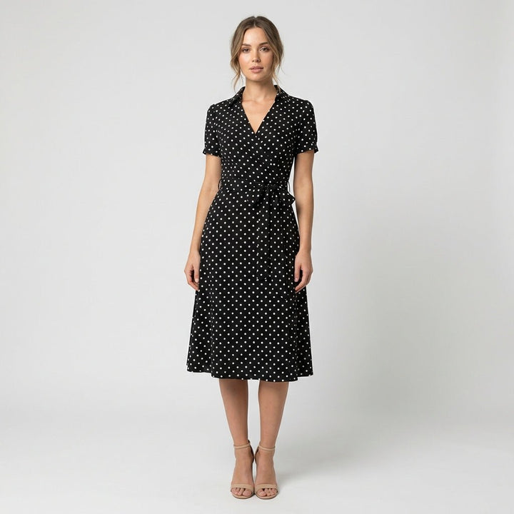 Women's A-Line Wrap-Style V-Neck Short-Sleeve Midi Dress - Spotty Multicolour