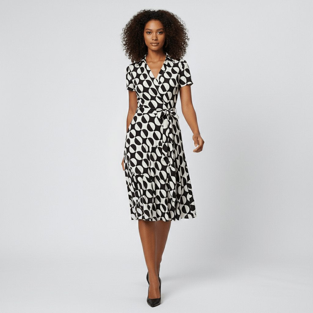 Women's A-Line Wrap-Style V-Neck Short-Sleeve Midi Dress