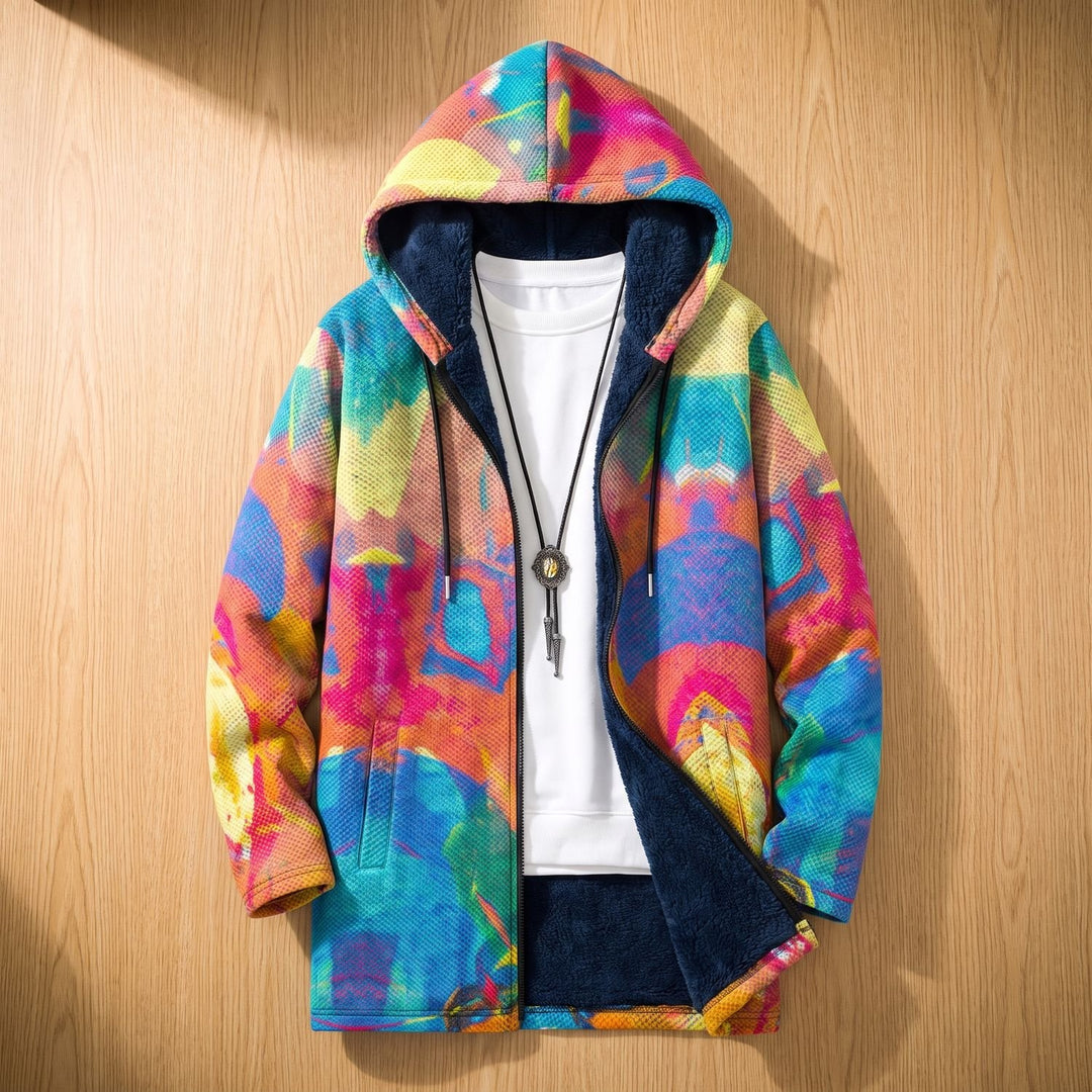 Women's Abstract Print Oversized Fleece-Lined Zip-Up Hoodie Jacket - Multicolor