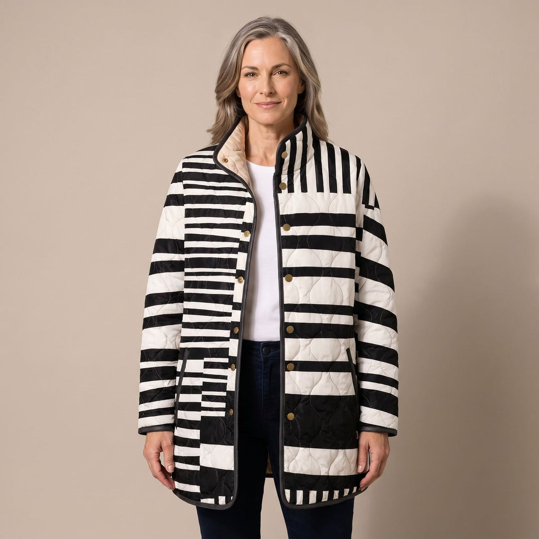 Women's Abstract Print Quilted Jacket Black White Striped - Multicolor