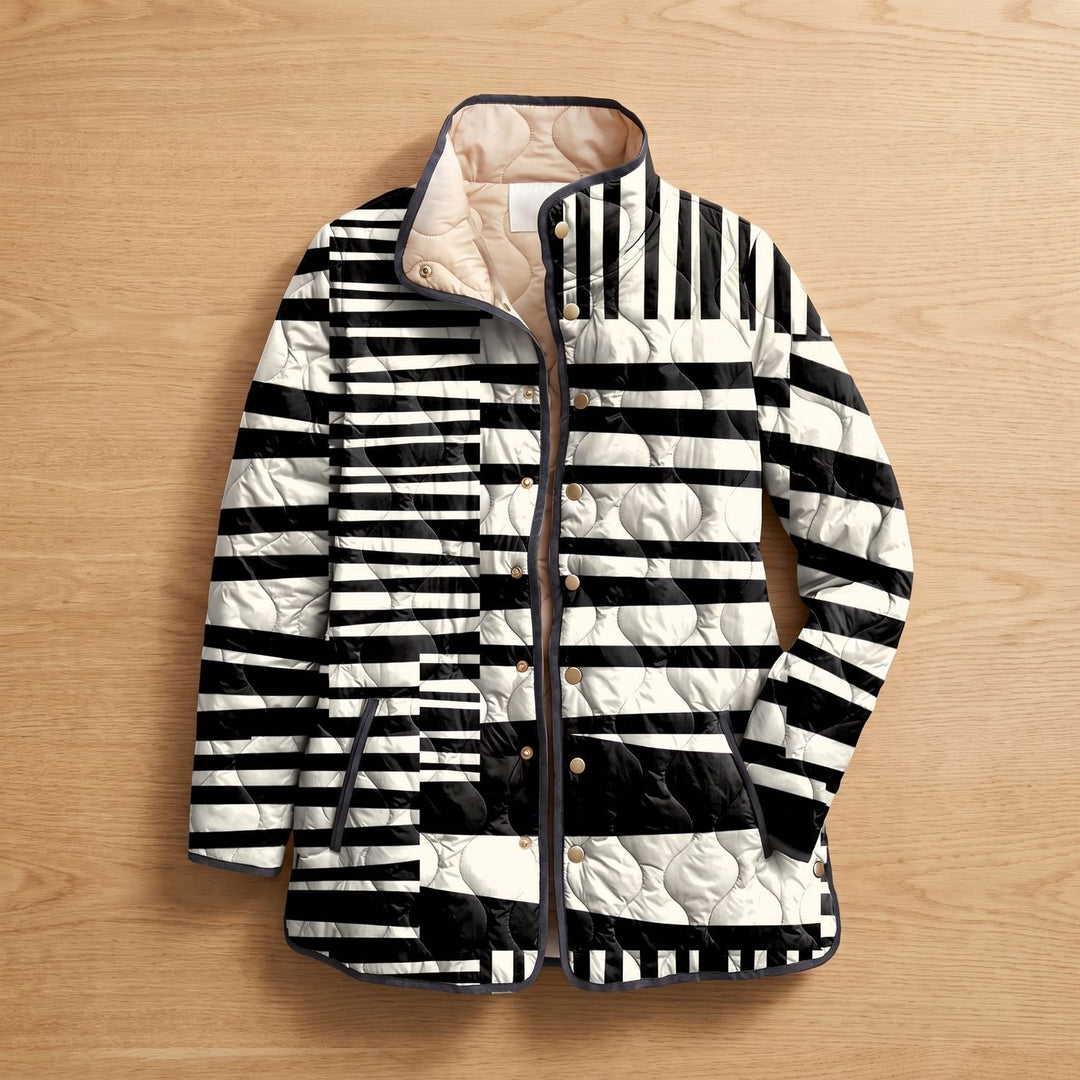 Women's Abstract Print Quilted Jacket Black White Striped