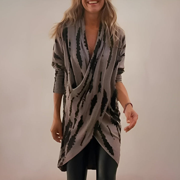 Women's Abstract Print V-Neck Draped Long Tunic