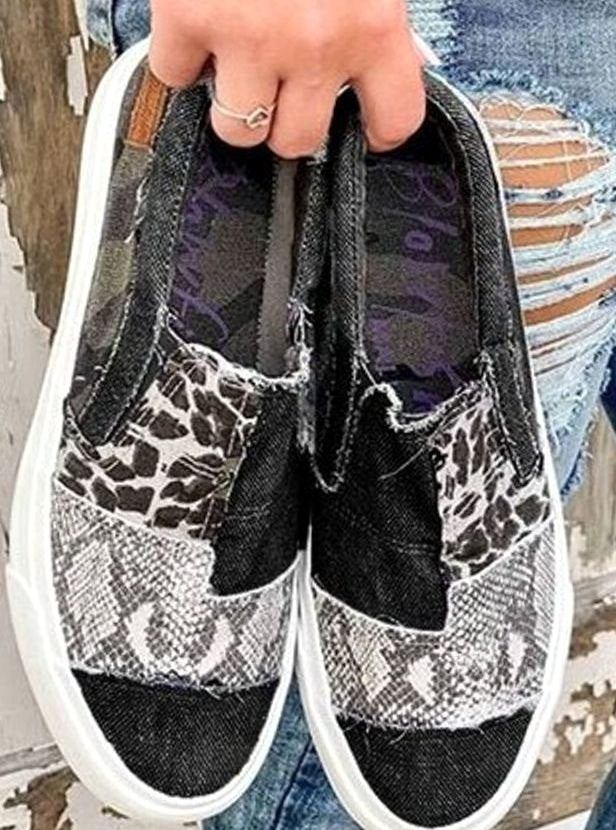 Women's Animal Print Slip-On Canvas Sneakers - Black