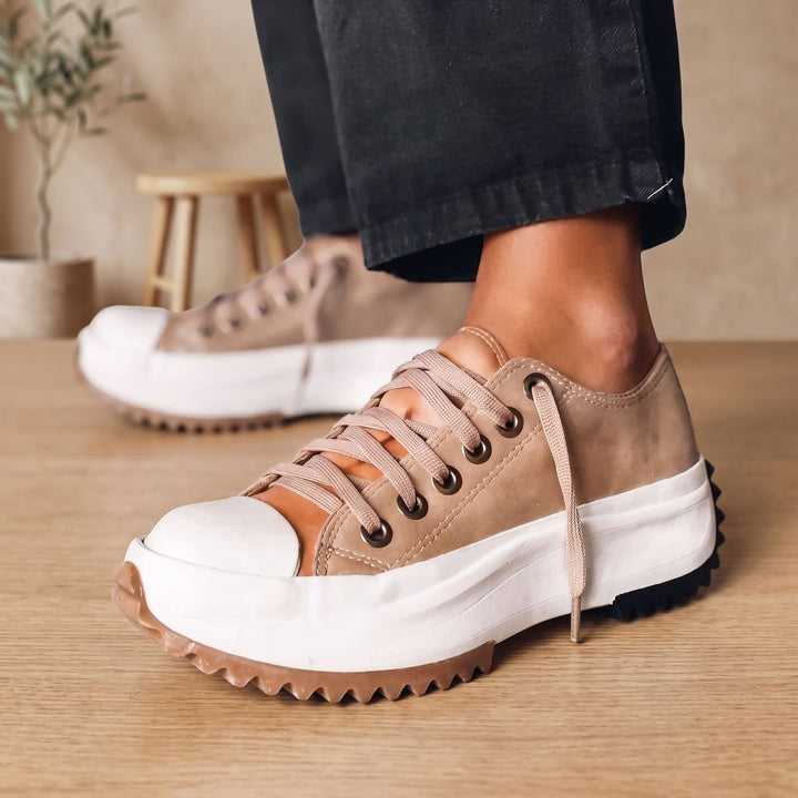 Women's Arch Support Cushioned Lace-Up Platform Walking Shoes - Beige