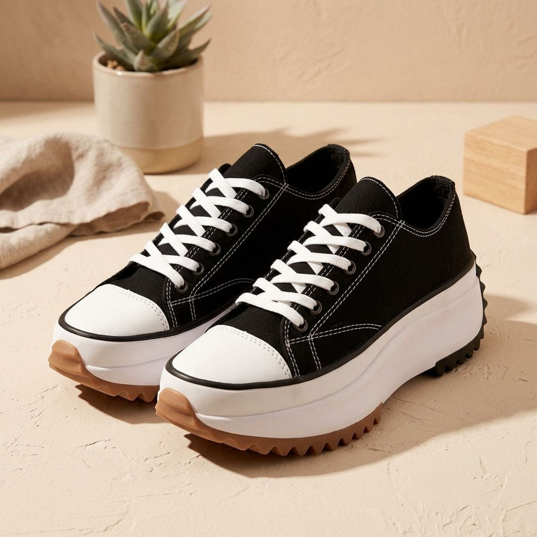 Women's Arch Support Cushioned Lace-Up Platform Walking Shoes - Black