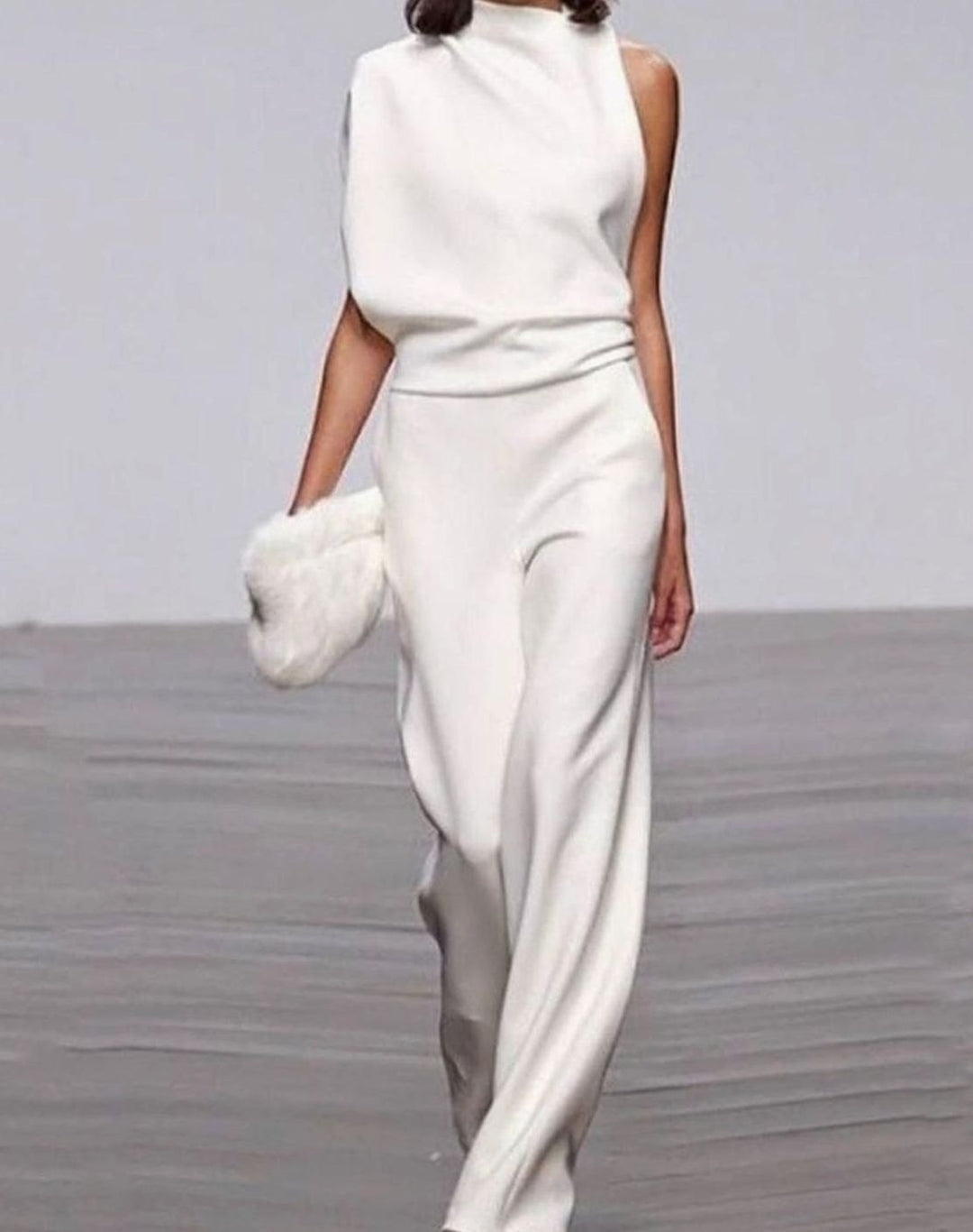 Women's Asymmetric One-Shoulder Jumpsuit High-Neck Wide-Leg Formal - White