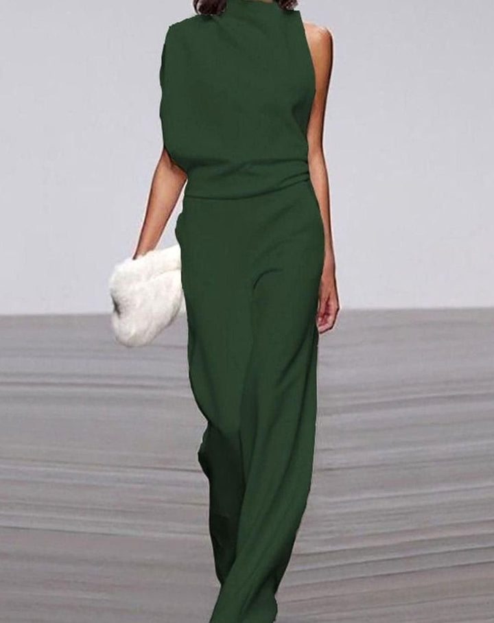 Women's Asymmetric One-Shoulder Jumpsuit High-Neck Wide-Leg Formal - Green