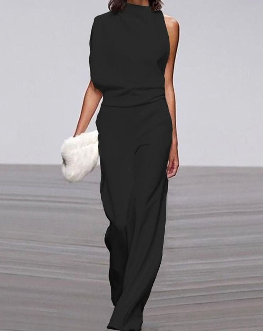 Women's Asymmetric One-Shoulder Jumpsuit High-Neck Wide-Leg Formal - Black