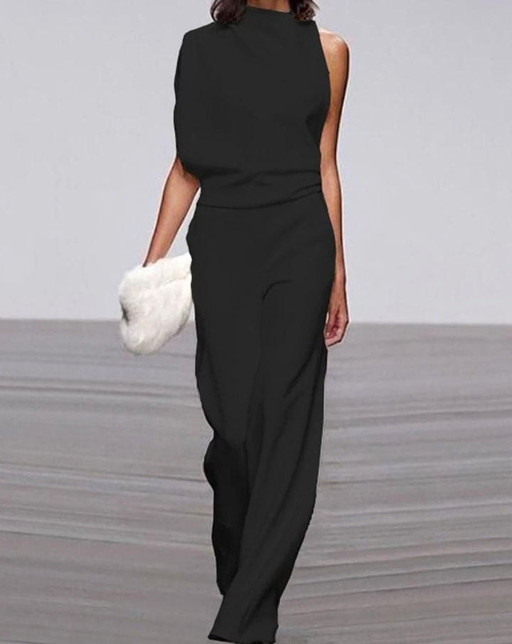 Women's Asymmetric One-Shoulder Jumpsuit High-Neck Wide-Leg Formal - Black