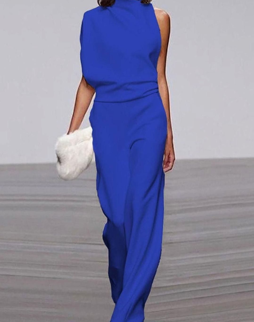 Women's Asymmetric One-Shoulder Jumpsuit High-Neck Wide-Leg Formal - Blue