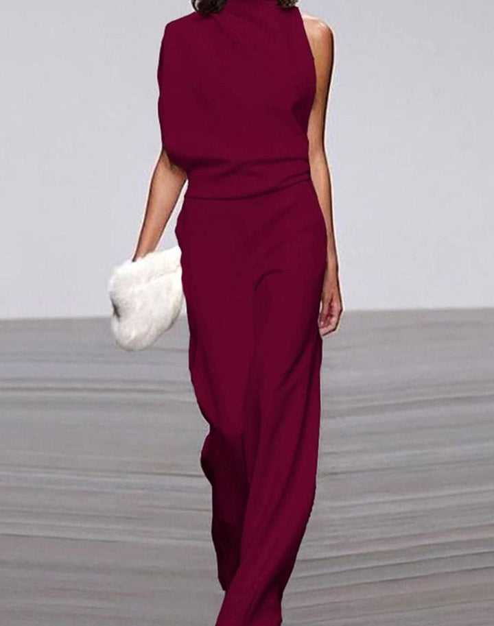 Women's Asymmetric One-Shoulder Jumpsuit High-Neck Wide-Leg Formal - Dark Red