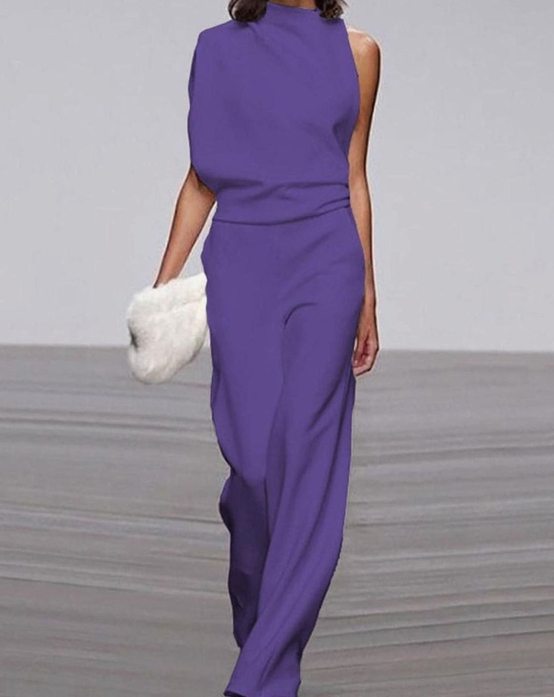 Women's Asymmetric One-Shoulder Jumpsuit High-Neck Wide-Leg Formal - Purple