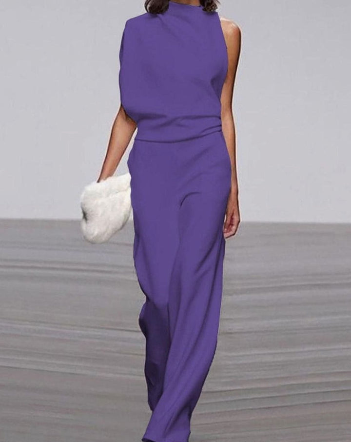 Women's Asymmetric One-Shoulder Jumpsuit High-Neck Wide-Leg Formal - Purple