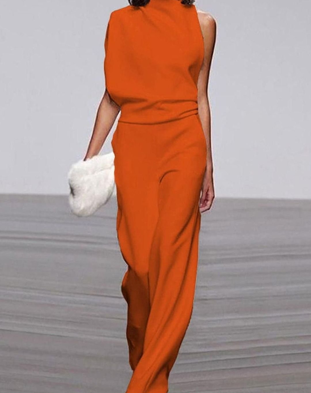 Women's Asymmetric One-Shoulder Jumpsuit High-Neck Wide-Leg Formal - Orange