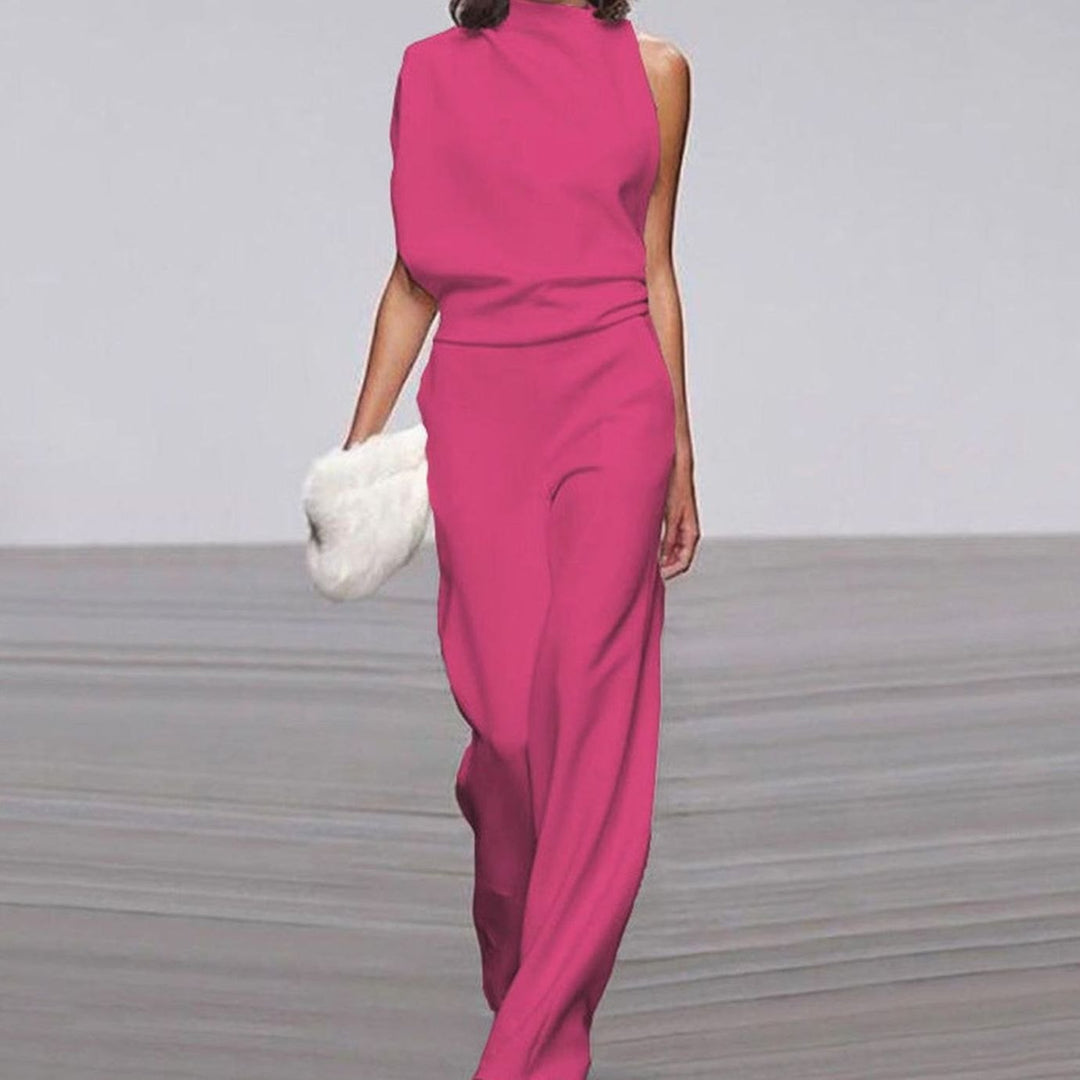 Women's Asymmetric One-Shoulder Jumpsuit High-Neck Wide-Leg Formal - Fuchsia