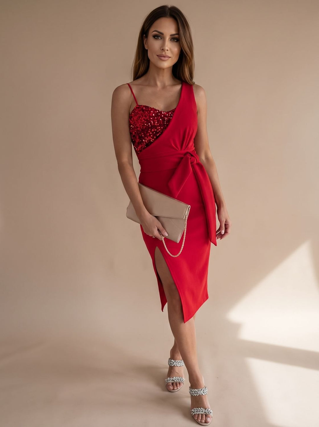 Women's Asymmetric Sequin Bodice Tie-Waist Side-Slit Midi Dress - Red