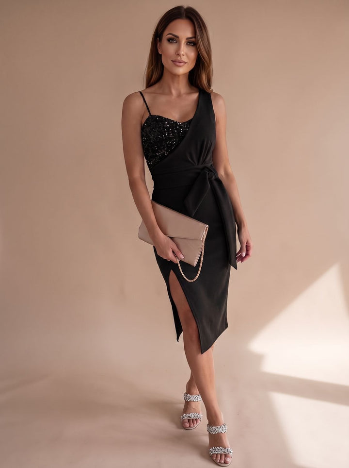 Women's Asymmetric Sequin Bodice Tie-Waist Side-Slit Midi Dress - Black