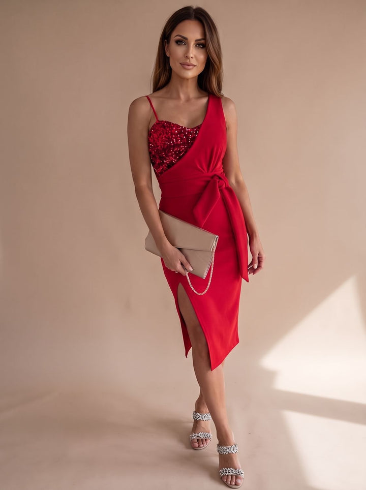 Women's Asymmetric Sequin Bodice Tie-Waist Side-Slit Midi Dress