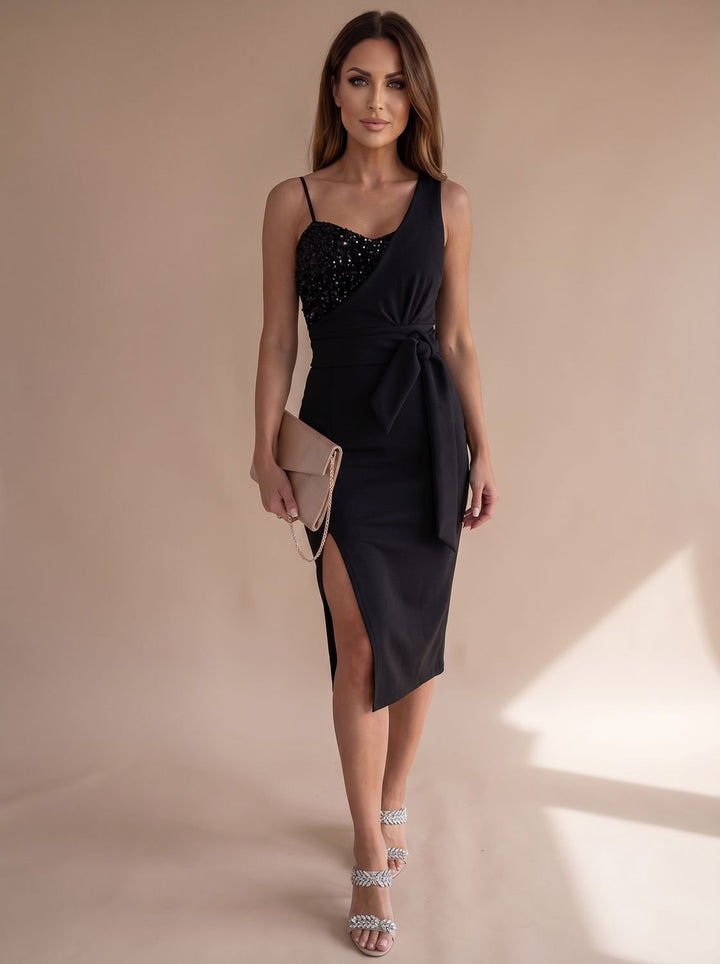 Women's Asymmetric Sequin Bodice Tie-Waist Side-Slit Midi Dress