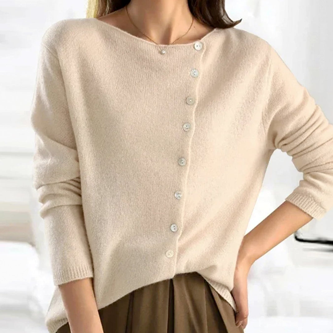 Women's Asymmetric V-Neck Long-Sleeve Button Sweater Cardigan - Beige