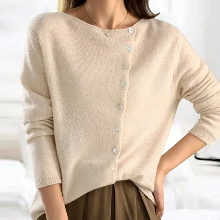 Women's Asymmetric V-Neck Long-Sleeve Button Sweater Cardigan - Beige