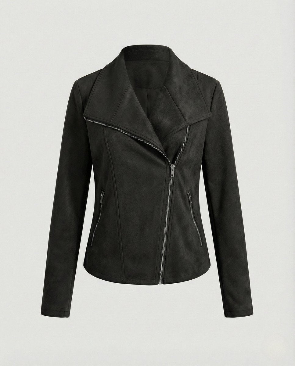 Women's Asymmetric-Zip Suede-Look Biker Leather Jacket - Black