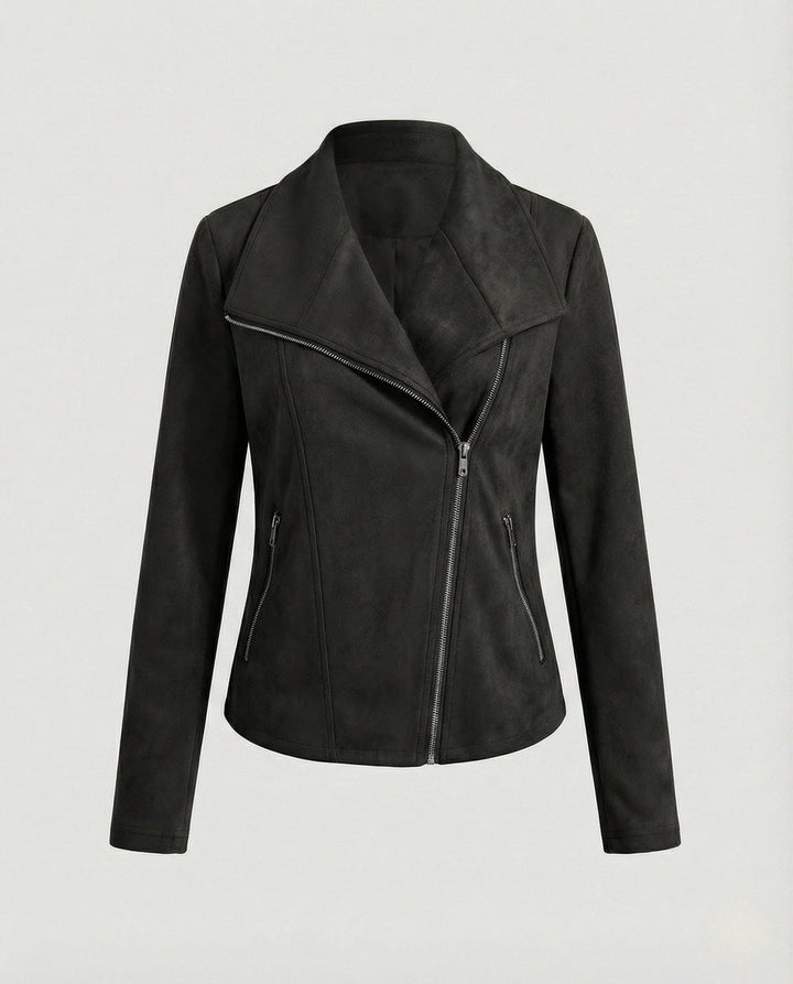 Women's Asymmetric-Zip Suede-Look Biker Leather Jacket - Black