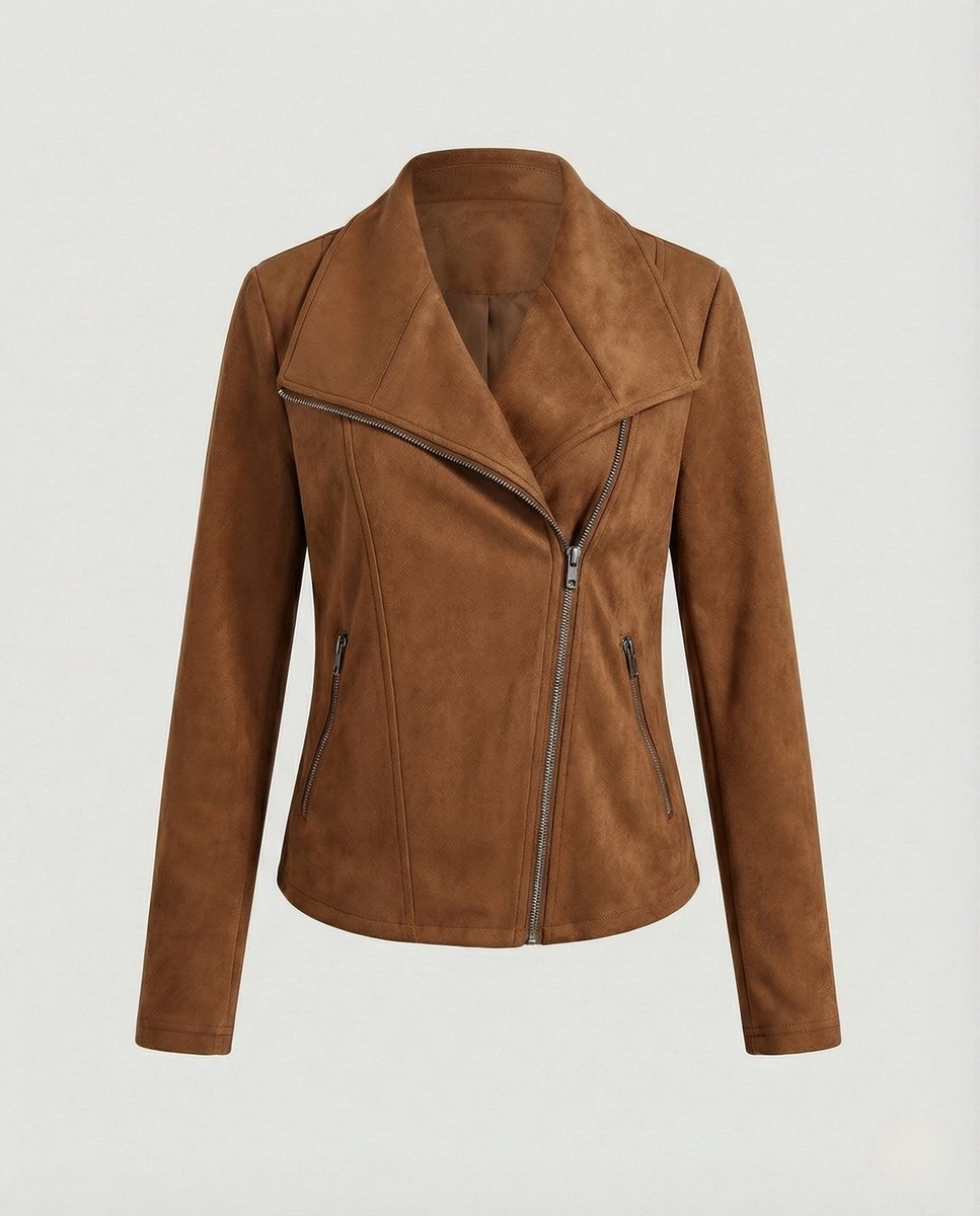Women's Asymmetric-Zip Suede-Look Biker Leather Jacket - Camel
