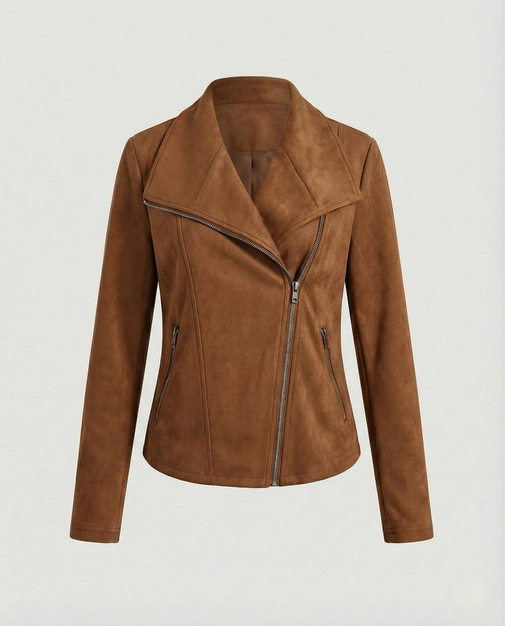 Women's Asymmetric-Zip Suede-Look Biker Leather Jacket - Camel