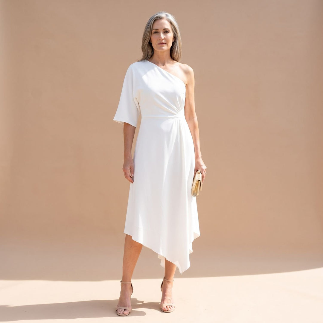 Women's Asymmetrical One-Shoulder Midi Dress Sleeveless - White