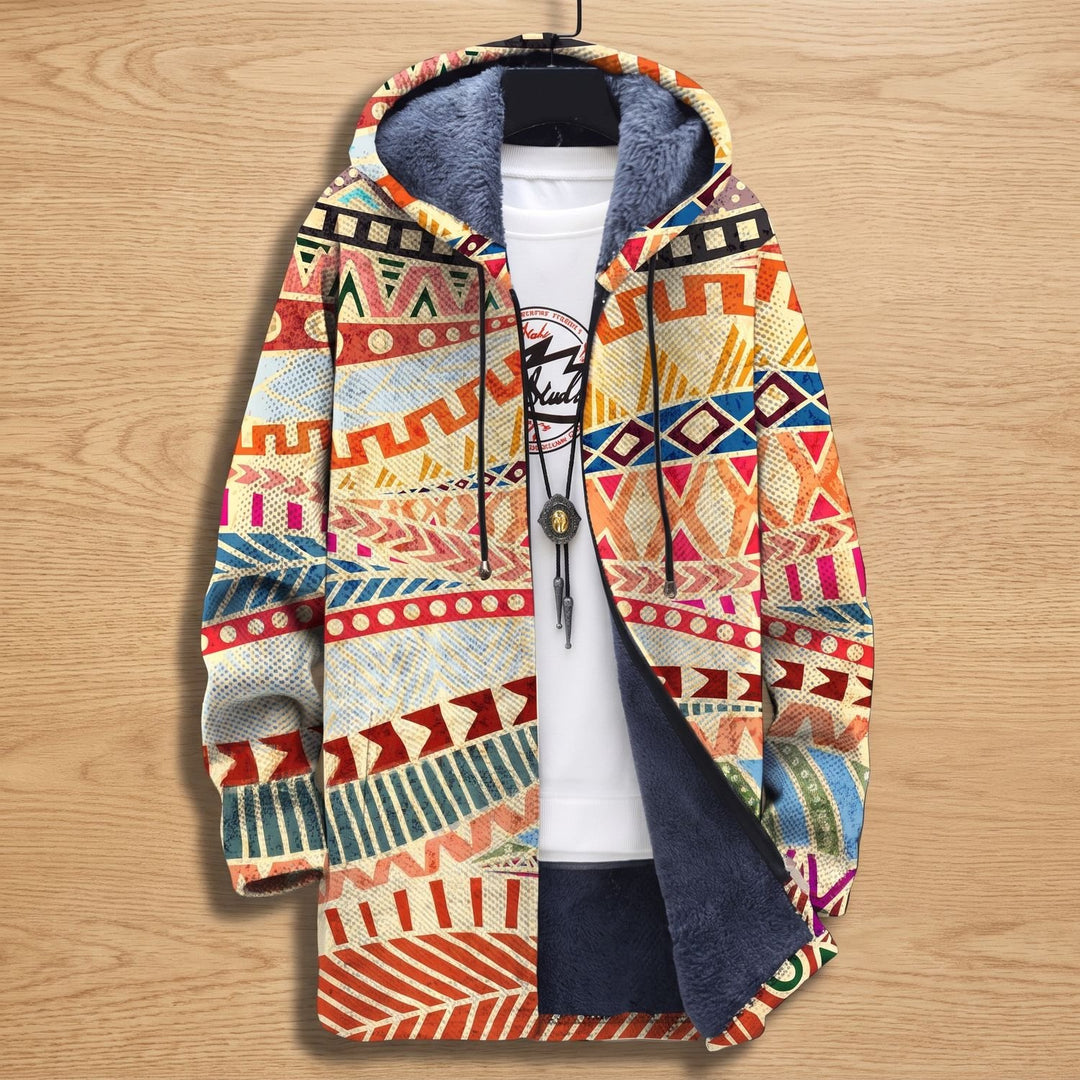 Women's Aztec Print Fleece-Lined Hooded Open Front Cardigan - Multicolored