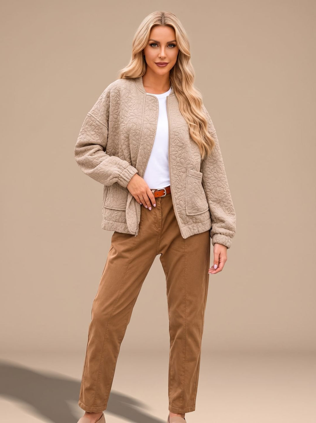 Women's Beige Quilted Zip-Up Bomber Jacket Front Pockets - Beige
